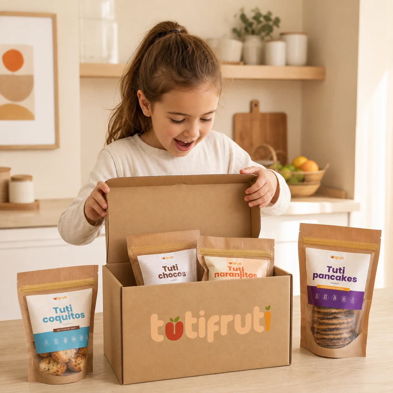 Niña descubriendo una caja Tuti Fruti con sus bolsas de snacks